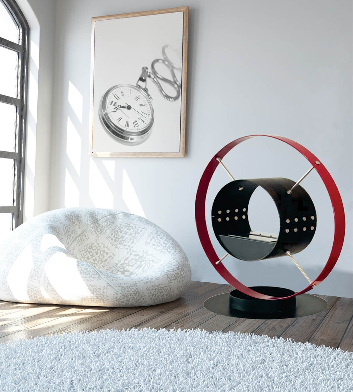 Chimenea Orbital en espacio moderno - Diseño artístico y portátil bogotano